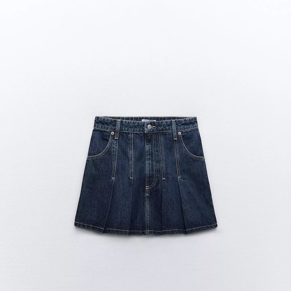 NWT Zara Navy Dark Blue Pleated Denim Mini Skirt